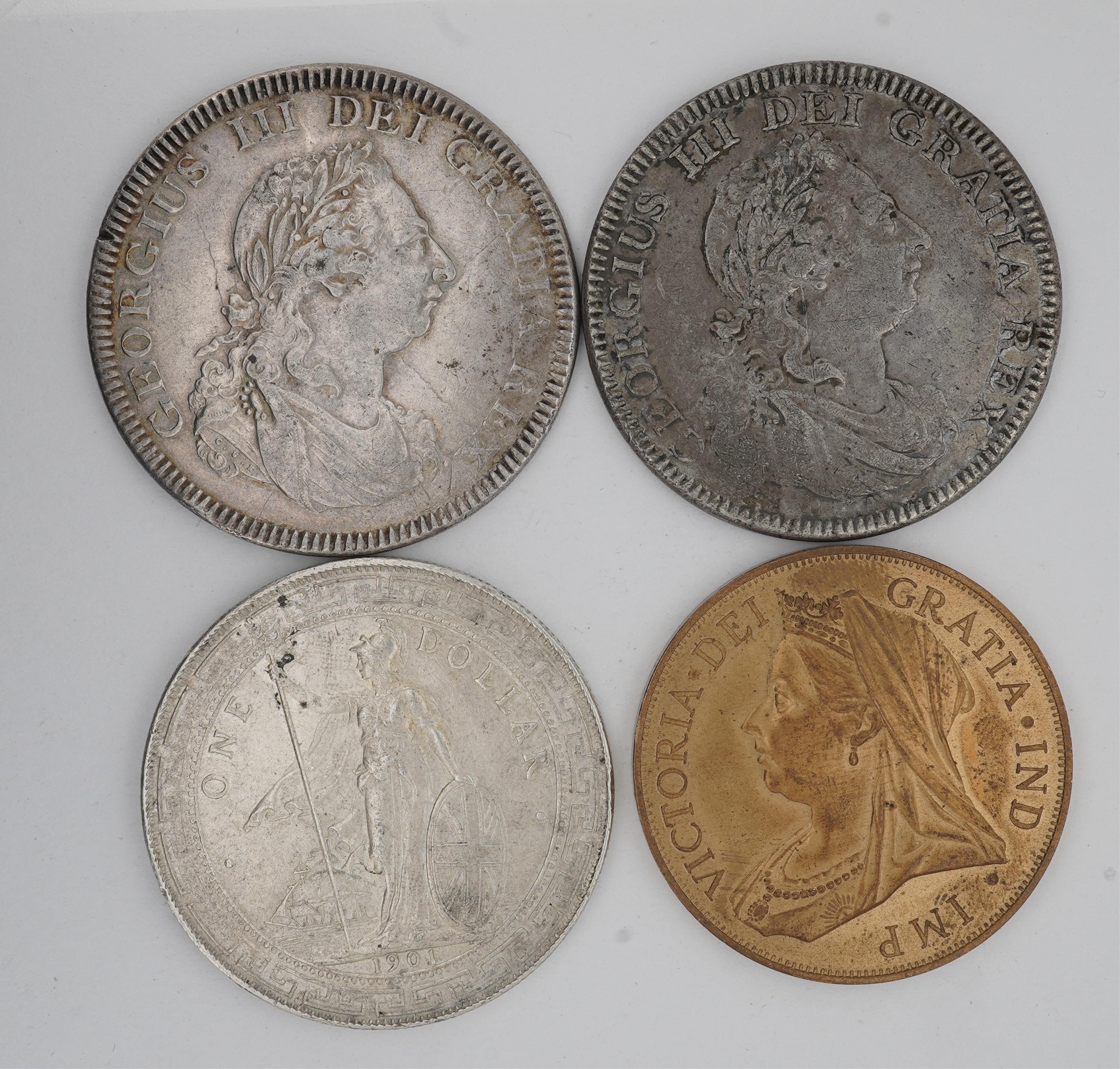 British, Irish and dependency coins, George III, Bank of Ireland token, six shillings, 1804, nick to edge, otherwise VF, Bank of England, five shillings, 1804, fine or better, Victoria, Hong Kong, One dollar, 1901, clean